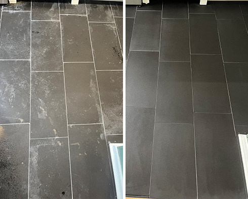 Slate Tile Floor Before and After Our Hard Surface Restoration Services in Hingham