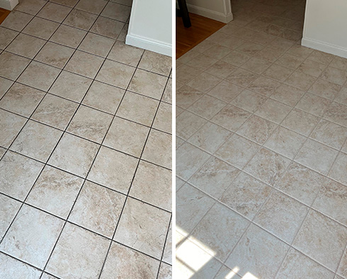 Porcelain Tile Floor Before and After a Grout Recoloring in Hingham