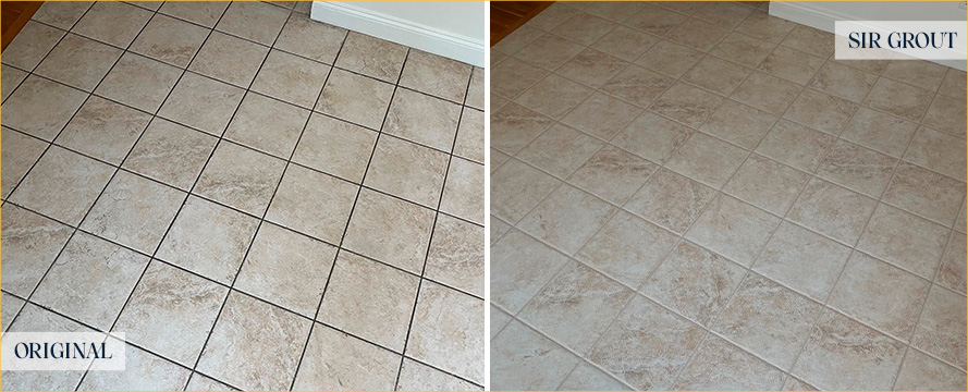 Porcelain Tile Floor Before and After a Grout Recoloring in Hingham