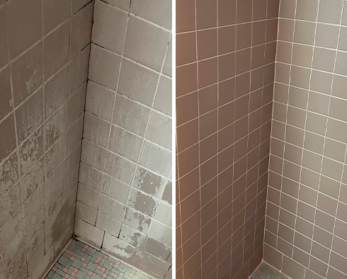 Shower Walls Before and After Our Hard Surface Restoration Services in Waltham