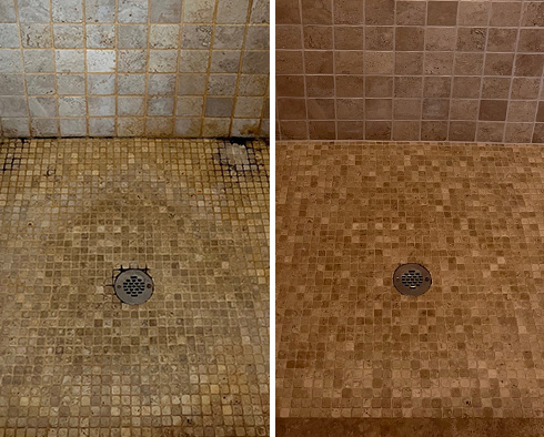 Shower Before and After a Grout Recoloring in Marlborough, MA