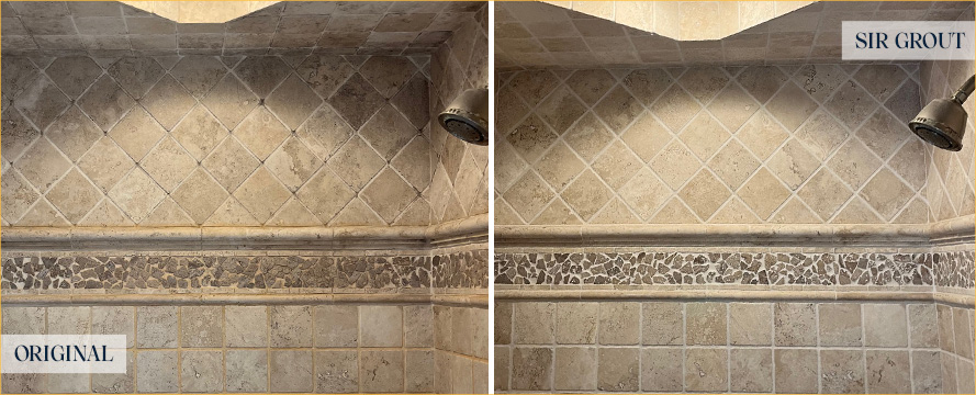 Travertine Shower Before and After a Flawless Grout Recoloring in Marlborough, MA