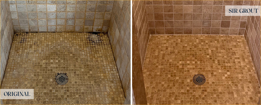 Travertine Shower Before and After a Grout Recoloring in Marlborough, MA