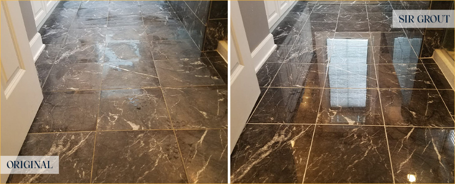 Bathroom Floor Before and After a Stone Cleaning in Lexington