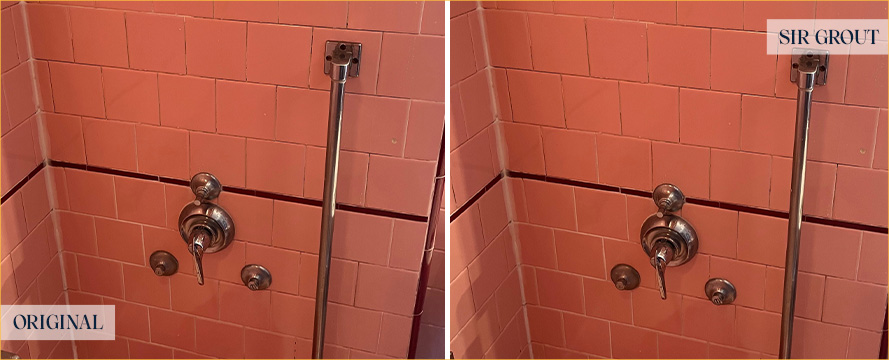 Shower Before and After an Excellent Grout Recoloring in Somerville, MA